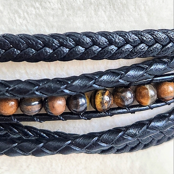 New Ryze Men's Black Vegan Leather  Tigers Eye Accent Stone Wrap Bracelet - Picture 3 of 8